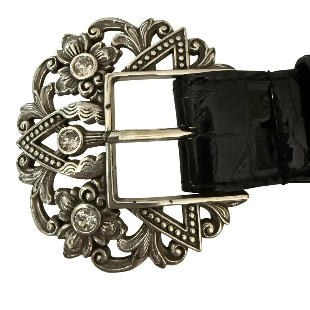 Vintage Brighton Empire Lace Black Croc Embossed Patent Leather Belt Crystals - Picture 15 of 16